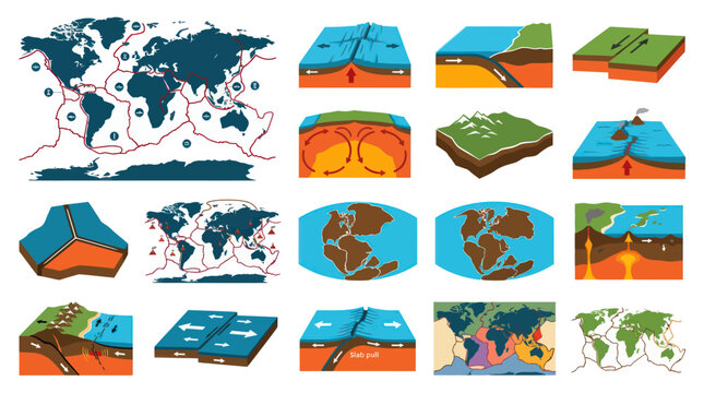 Plate Tectonics and Geological Processes Flat Vector Illustration Set for Earth Science Education