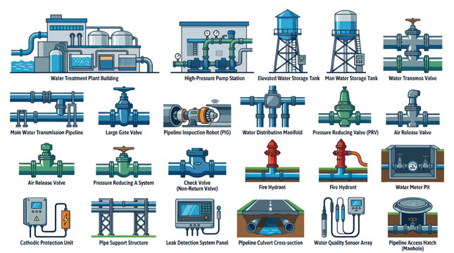 Water Infrastructure Icons: Treatment Plant, Pipes, Valves, Hydrants, Tanks, Technology