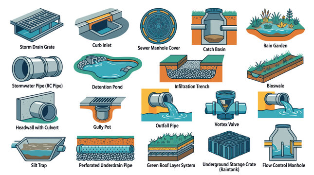 Drainage Systems: Stormwater Management, Construction Elements, Vector Art