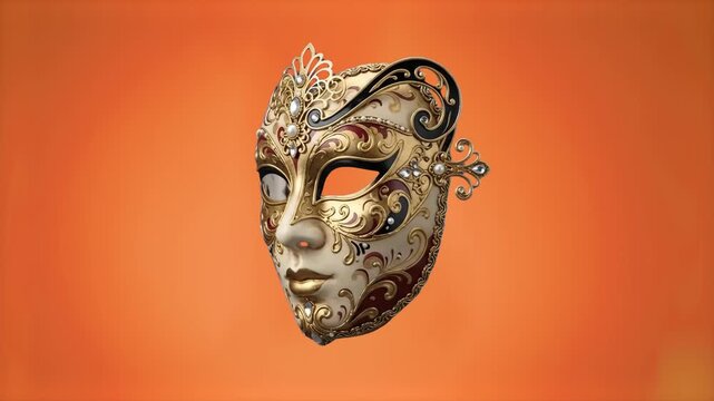 A highly detailed 3D model of a luxury golden Venetian carnival mask decorated with intricate patterns and pearls, rotating slowly against a solid orange background. Perfect for theater documentaries,