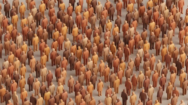 A sprawling, abstract multitude of stylized human figures, depicted from an overhead perspective, symbolizing population density, collective identity, and the intricate fabric of society