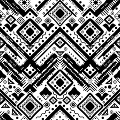 Fototapeta premium Monochrome abstract tribal seamless pattern. Wild background with zigzags, squares, diamonds, and lines. Hand-drawn. Ink. American design. Black and white geometric Craft art