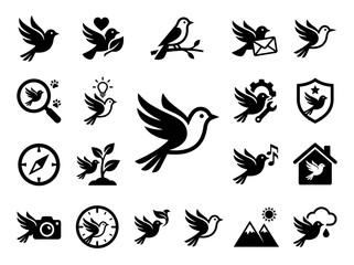 Fototapeta premium Bird Icons Set: Freedom, Communication, Nature, Travel, Music, Business