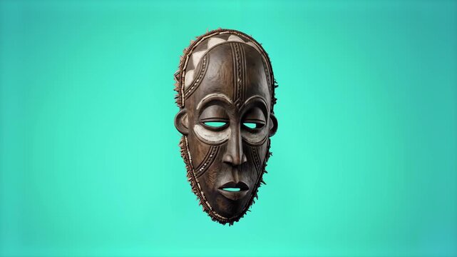 A detailed side-angle view of a carved African wooden tribal mask with ornate shell borders, isolated on a smooth cyan blue studio background. Excellent for anthropology educational visual guides, eth
