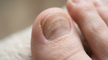 Fototapeta premium Close-up View of Toenail Showing Signs of Onychomycosis Fungal Infection and Discoloration on Human Skin