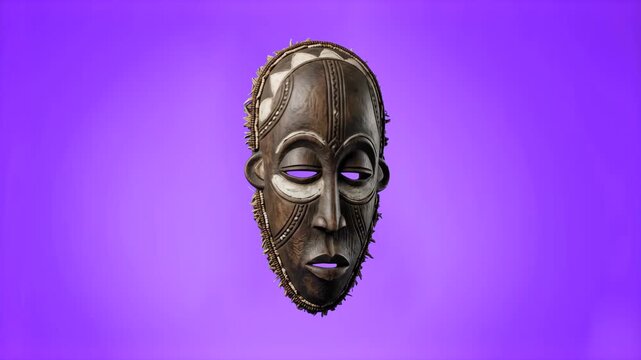 Detailed 3D render of a carved wooden African tribal mask with ornate patterns, isolated on a bright purple background. Perfect for cultural events, museum displays, mystical art banners, ethnic decor