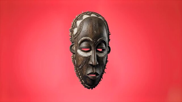 Realistic 3D model of a carved wooden African tribal ritual mask, set against a vibrant solid red background. Ideal for ethnic culture documentaries, museum promotionals, tribal art exhibitions, histo
