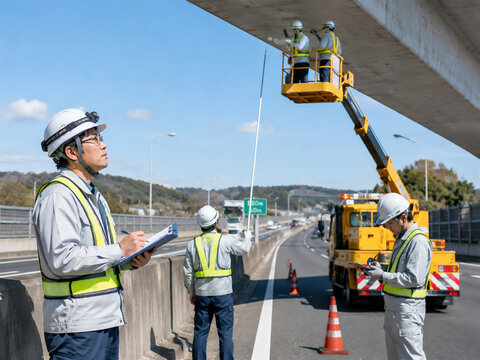 高速道路の橋梁を点検する作業員