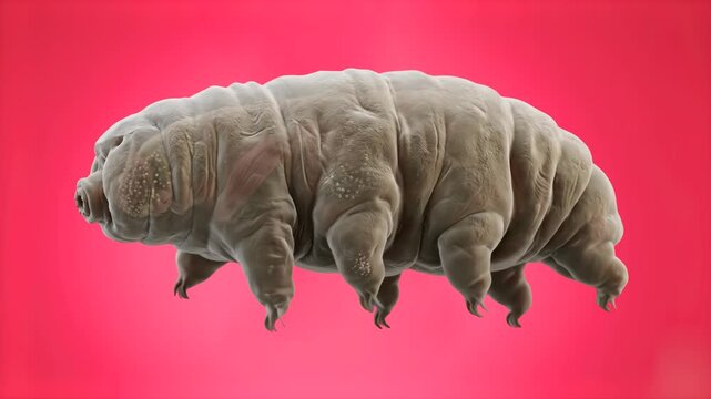 A detailed 3D model of a microscopic tardigrade water bear crawling forward, isolated on a vibrant pink studio background. Ideal for biology educational videos, science documentaries, microscopic life