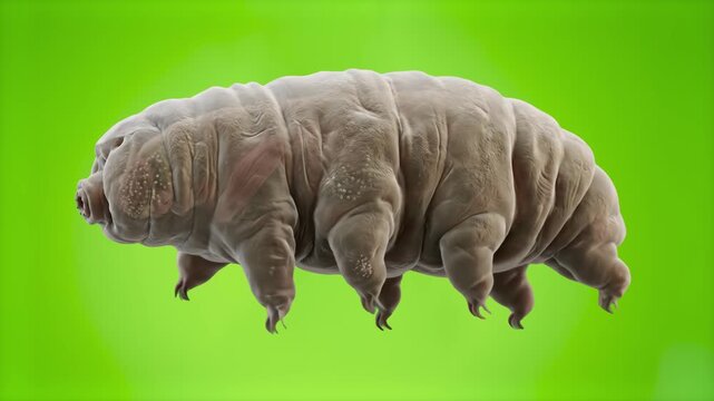 A detailed 3D render of a Tardigrade, also known as a water bear, walking slowly in an extreme microscopic view against a vibrant green studio backdrop. Great for microbiology documentaries, scientifi