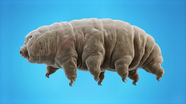 A detailed 3D microscopic animation of a resilient water bear or tardigrade walking against a solid light blue backdrop. Ideal for educational science media, evolutionary biology projects, and microbi