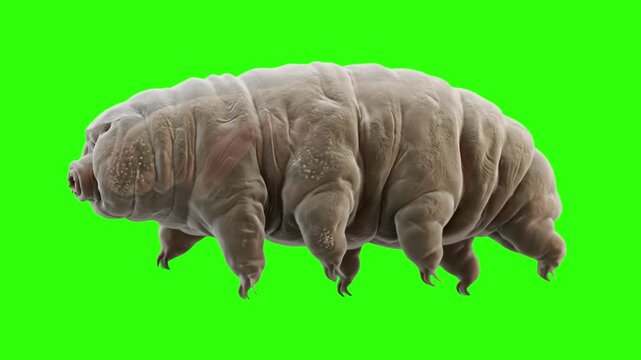 A detailed 3D microscopic animation of a water bear or tardigrade walking against a chroma key green background. Perfect for biology lessons, extreme organism science videos, and microbiology presenta