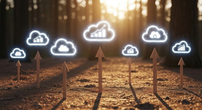 Glowing cloud icons with business charts rising on wooden arrows in forest