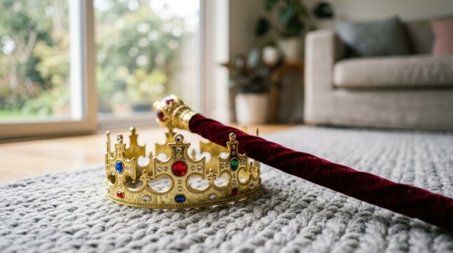 Golden royal crown and red velvet scepter lying on rug in living room