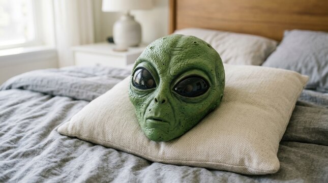Green Alien Mask Resting on a Bedroom Pillow at Home