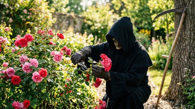 Grim reaper cutting pink roses with garden shears in a sunny garden