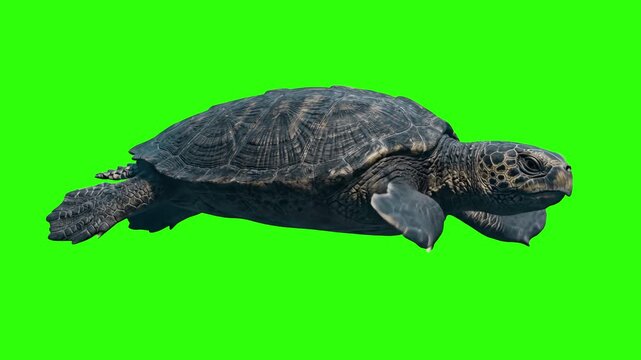 A realistic 3D animation of a sea turtle swimming smoothly through the water, isolated against a chroma key green screen background. Perfect for wildlife documentaries, ocean conservation videos, and 