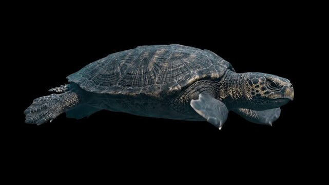 High-contrast 3D model of a large sea turtle swimming gracefully, isolated against a solid pitch-black background. Excellent for cinematic ocean documentaries, marine life promo videos, aquatic conser