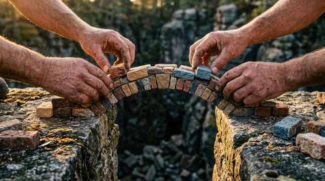 Hands building a stone arch bridge as a metaphor for teamwork and success