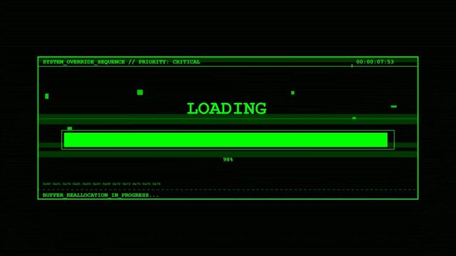 Retro Green Digital Loading Screen with Progress Bar and System Override Critical Alert Glitch Effect