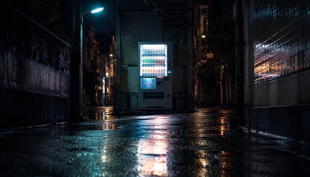 Illuminated vending machine in a wet urban alley at night