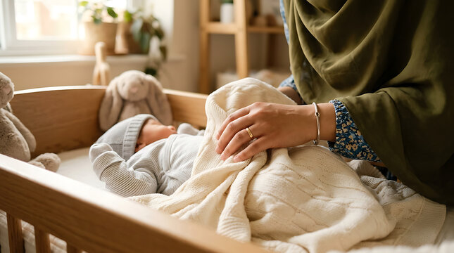 Mother wearing a traditional headscarf gently covers her sleeping infant with a soft muslin blanket inside a wooden crib.