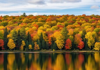 Autumn forest landscape with colorful foliage and calm lake reflection in fall © SAHINA