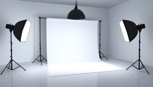 Photography studio setup with lights and backdrop