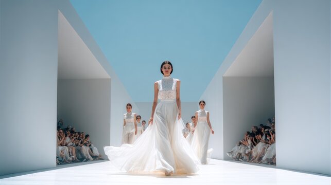 Fashion model in minimalist white bridal gown on catwalk.