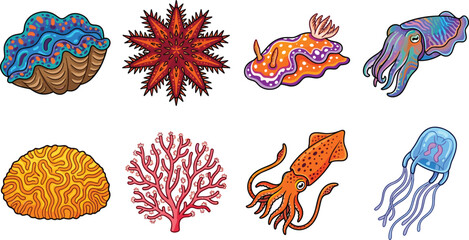 Coral Reef Invertebrates and Marine Life Vector Icon Set Featuring Giant Clam Sea Star Nudibranch Cuttlefish Brain Coral Squid and Box Jellyfish Illustrations © Ruhul