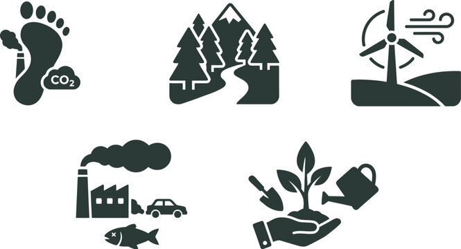 Environmental sustainability and climate action icon set with eco conscious sustainability environment emissions planting pollution conservation renewable resource protection graphics
