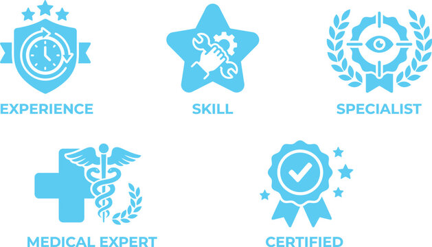 Professional expertise and skill certification icons set with expertise certification professional specialist experience qualified competence caduceus technical knowledge proficiency
