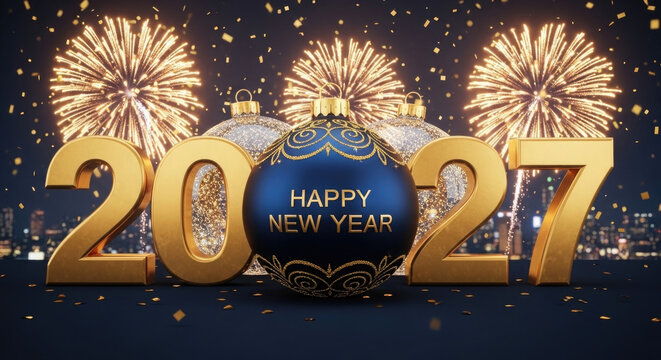 Festive new year 2027 celebration with fireworks and golden ornaments on a dark background