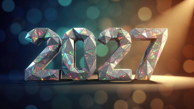 Polygonal iridescent 2027 number rendering with bokeh lights and reflective surfaces