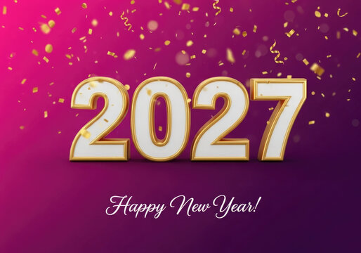 Golden 2027 new year celebration with confetti and calligraphy on a vibrant purple background