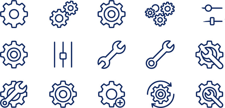 Professional set of linear blue icons for technical settings, mechanical tools, gear configuration, and maintenance services
