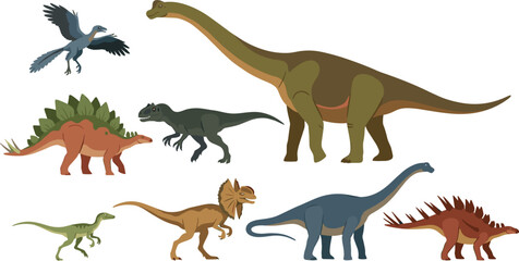 Prehistoric Jurassic Dinosaur Species Vector Illustration Set Featuring Brachiosaurus Stegosaurus Dilophosaurus Velociraptor and Archaeopteryx © Ruhul