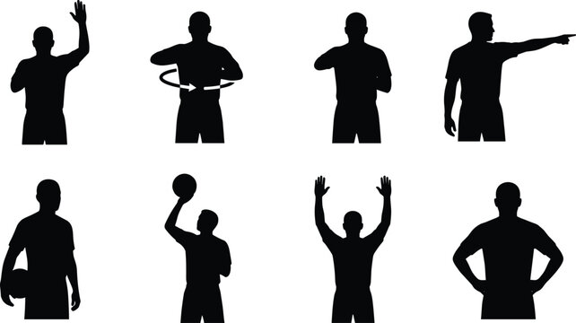Basketball referee signals vector silhouettes set featuring official hand signs foul indicators and court gestures isolated on white background