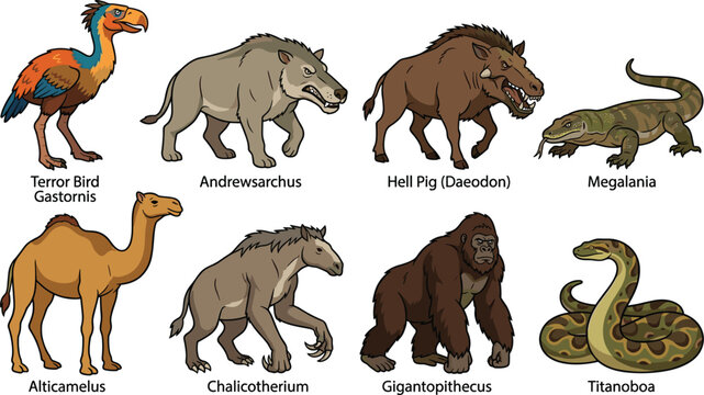 Prehistoric Cenozoic Megafauna Mammals and Extinct Creatures Vector Set Featuring Gastornis Andrewsarchus Daeodon Megalania Alticamelus Chalicotherium Gigantopithecus and Titanoboa