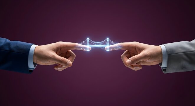 Glowing digital bridge connecting two businessmen's fingers. A powerful metaphor for corporate partnership, technological networking, innovation, and bridging the communication gap.