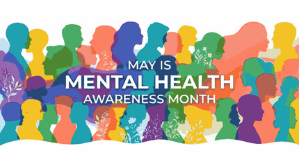 Fototapeta premium Colorful vector banner featuring diverse silhouettes celebrating mental health awareness month with floral artistic elements with community