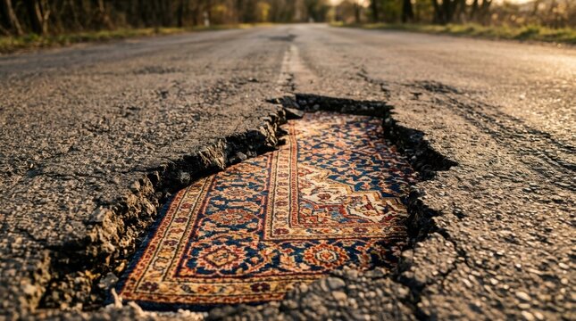 Persian rug visible inside a large deep pothole on an asphalt road