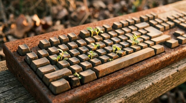Old rusty computer keyboard with growing green sprouts in nature