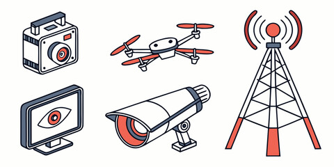 Cctv camera, drone, and radar tower surveillance set security camera dome camera © Abu