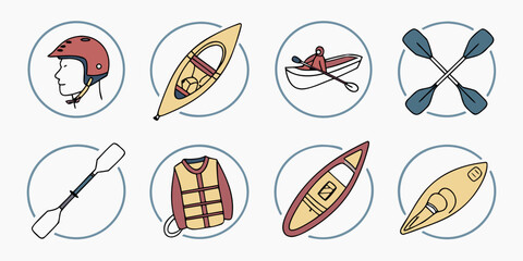 Flat of kayaks, paddles, life jackets, and life buoys flat kayak canoe © Abu