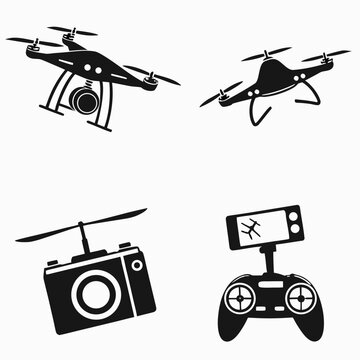 Black silhouettes of drones, camera drone, racing drone, quadcopter black drone silhouettes