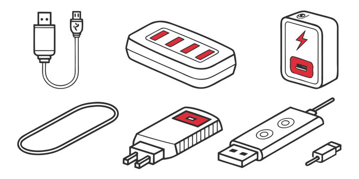 Flat of charging cables, phones, and power banks in red and white usb cable lightning cable
