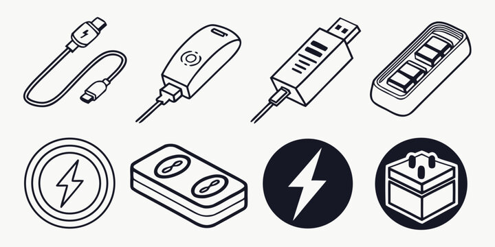 Flat of charging cables, phone batteries, and charging ports flat charging cable