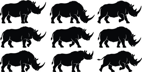 Black rhinoceros vector silhouette collection featuring woolly rhino and modern rhinoceros icons isolated on white background © Rokon