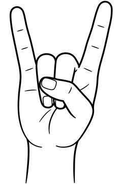 Cute rock on hand sign line art single element, lovely black and white minimalist horn gesture showing two fingers illustration for concert sticker and icon design
